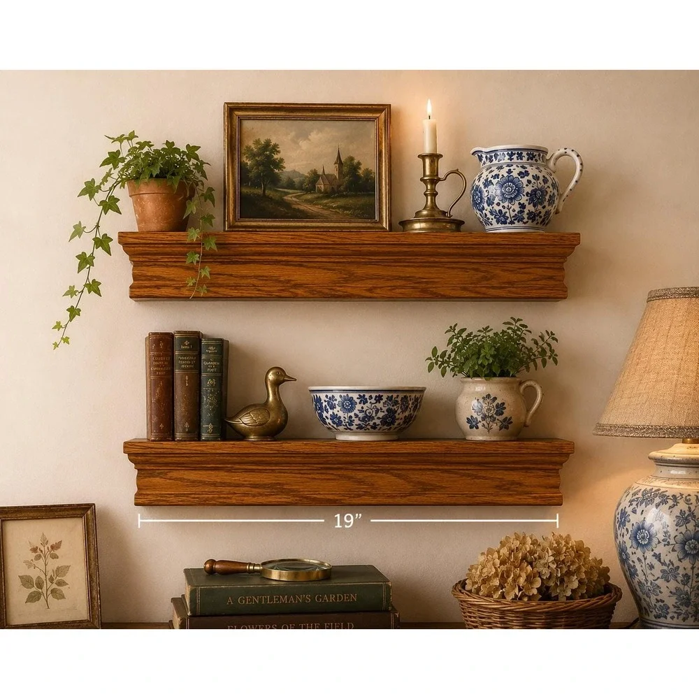 Vintage Solid Oak Wall Shelves Set of 2 Wood Display Shelves Cottage Decor